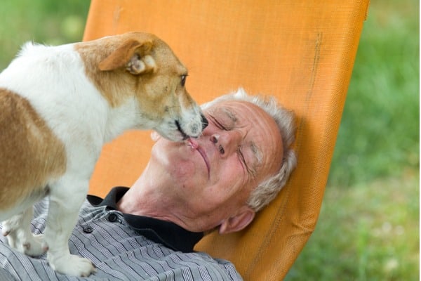 Dog standing on an older person