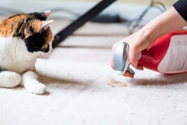 Spraying cleaner on cat vomit