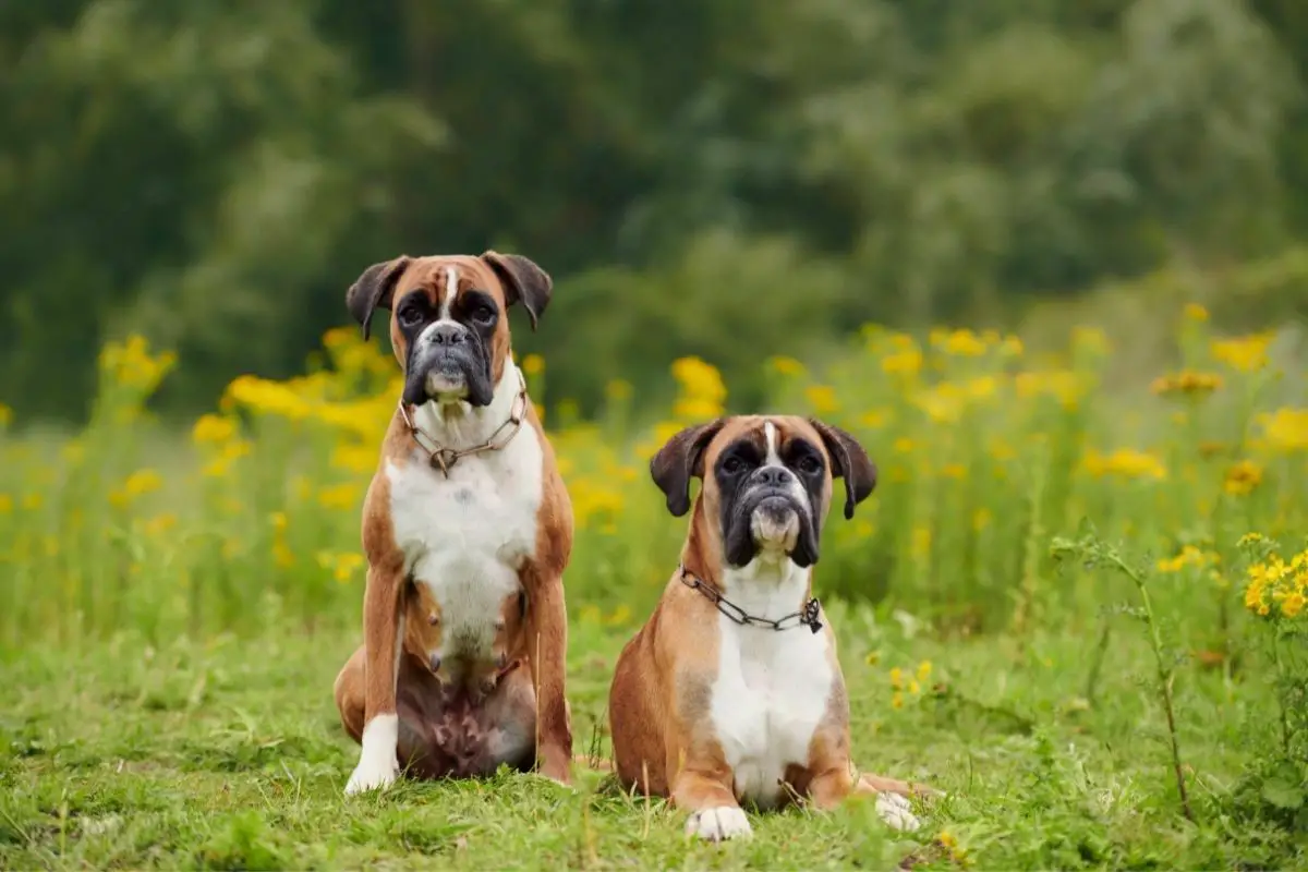 2 Boxer dogs sitting together on the grass