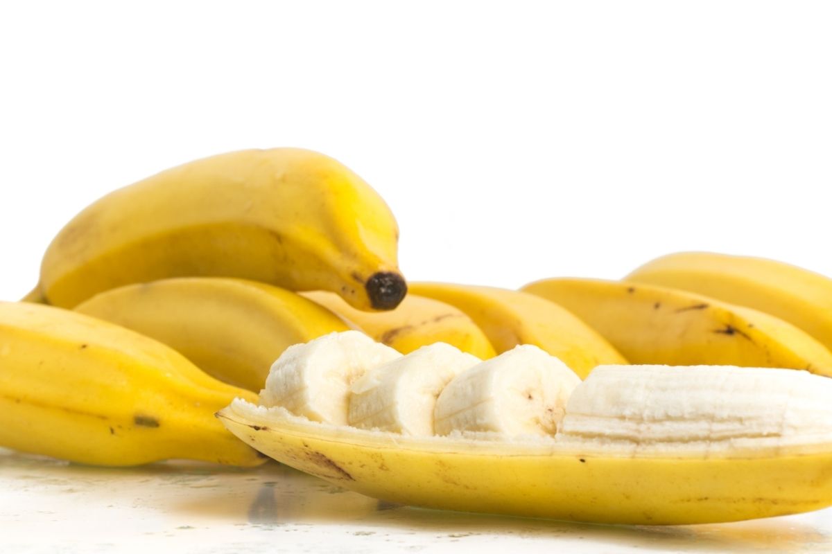 Sliced banana on a banana peel