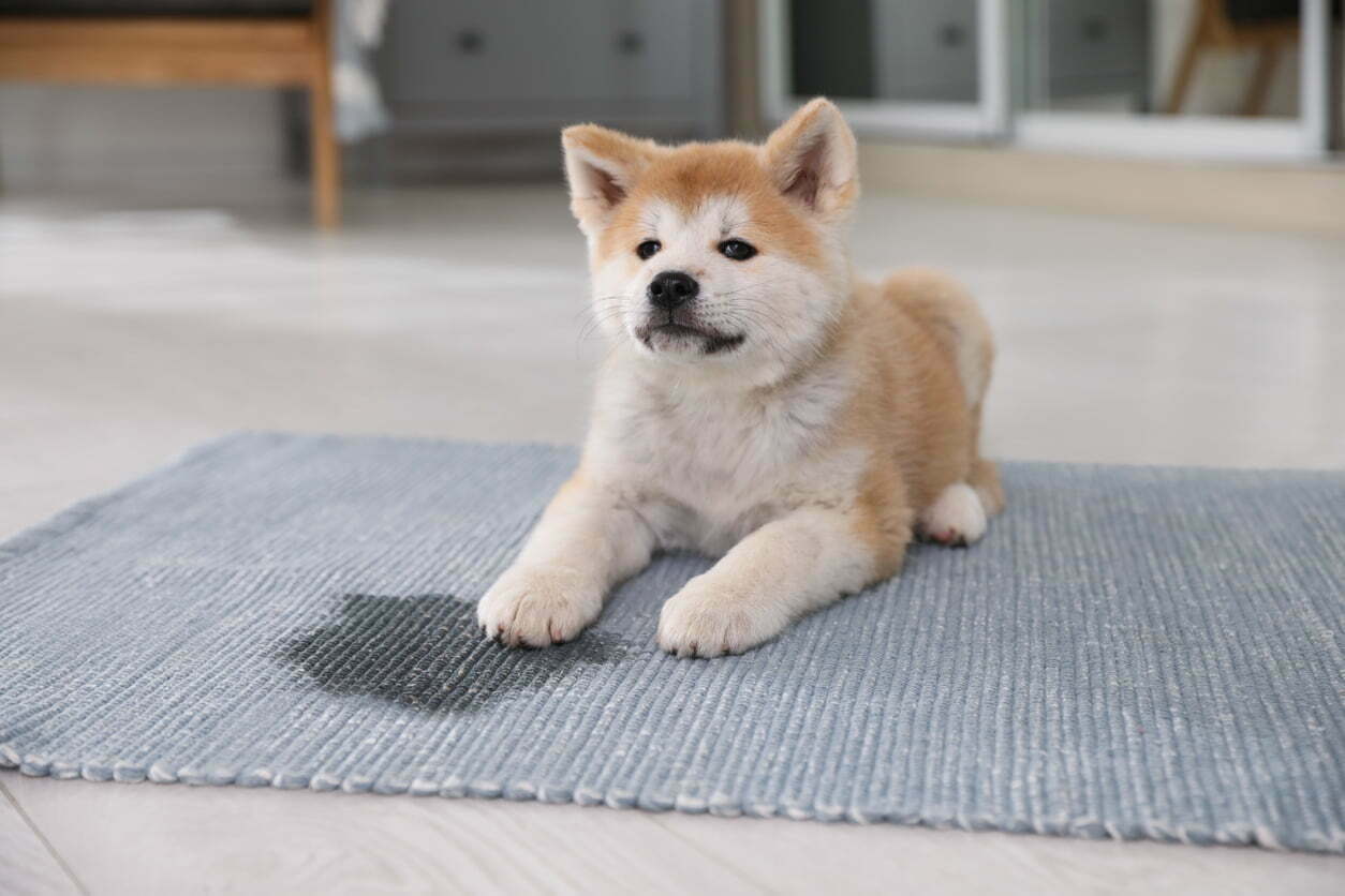 Adorable akita inu puppy near pee on rug