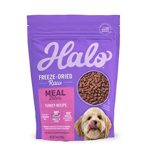 Halo meal bites freeze dried raw dog food, turkey recipe, real meat dog food bag, adult recipe