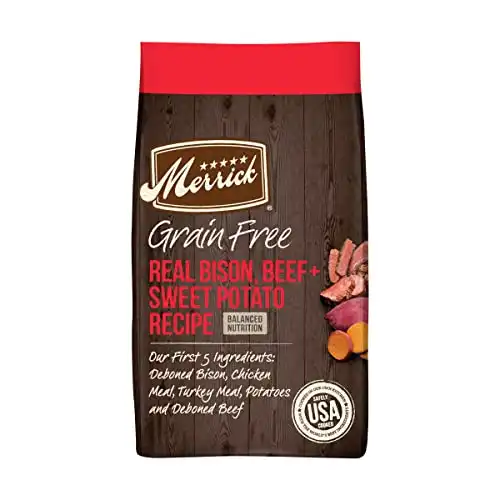 Merrick dry dog food, real bison, beef and sweet potato grain free dog food recipe